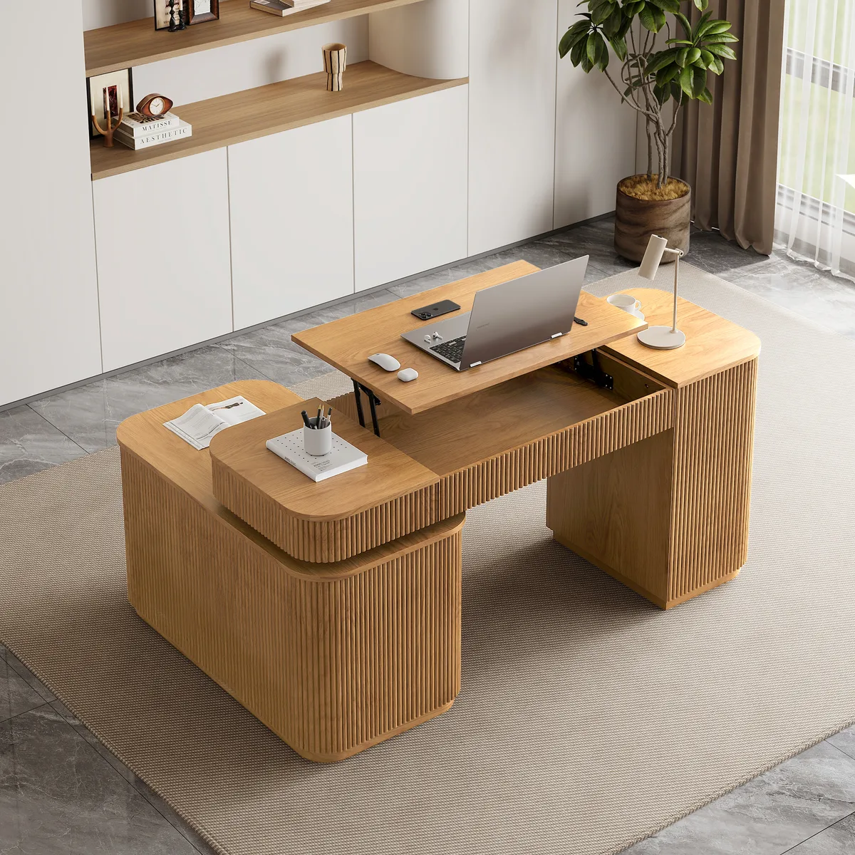 Modern 65" L-Shape Natural Executive Desk with Right-Side Cabinet — image 11