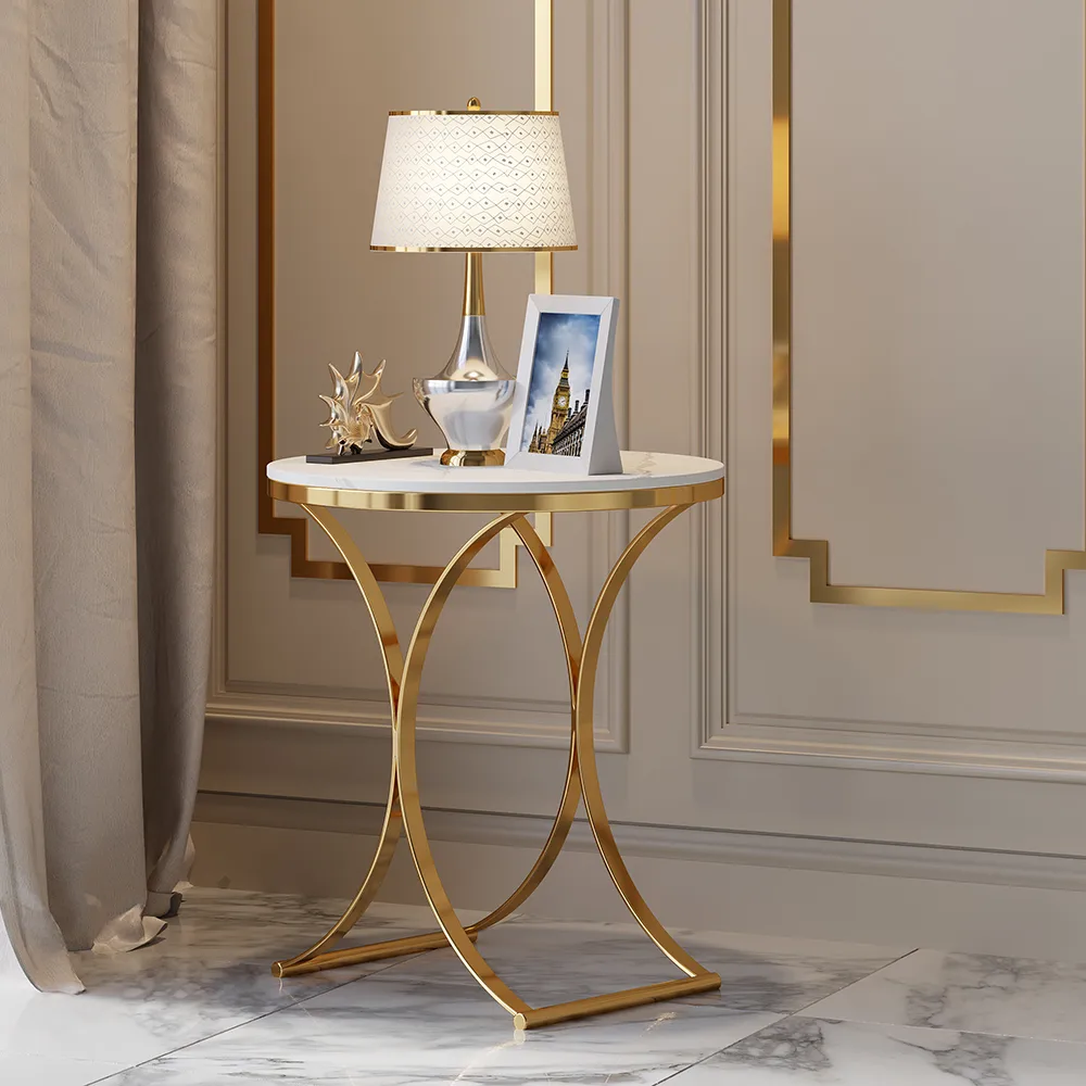 Modern Luxurious Round White Marble Stone Side Table X-Base End Table