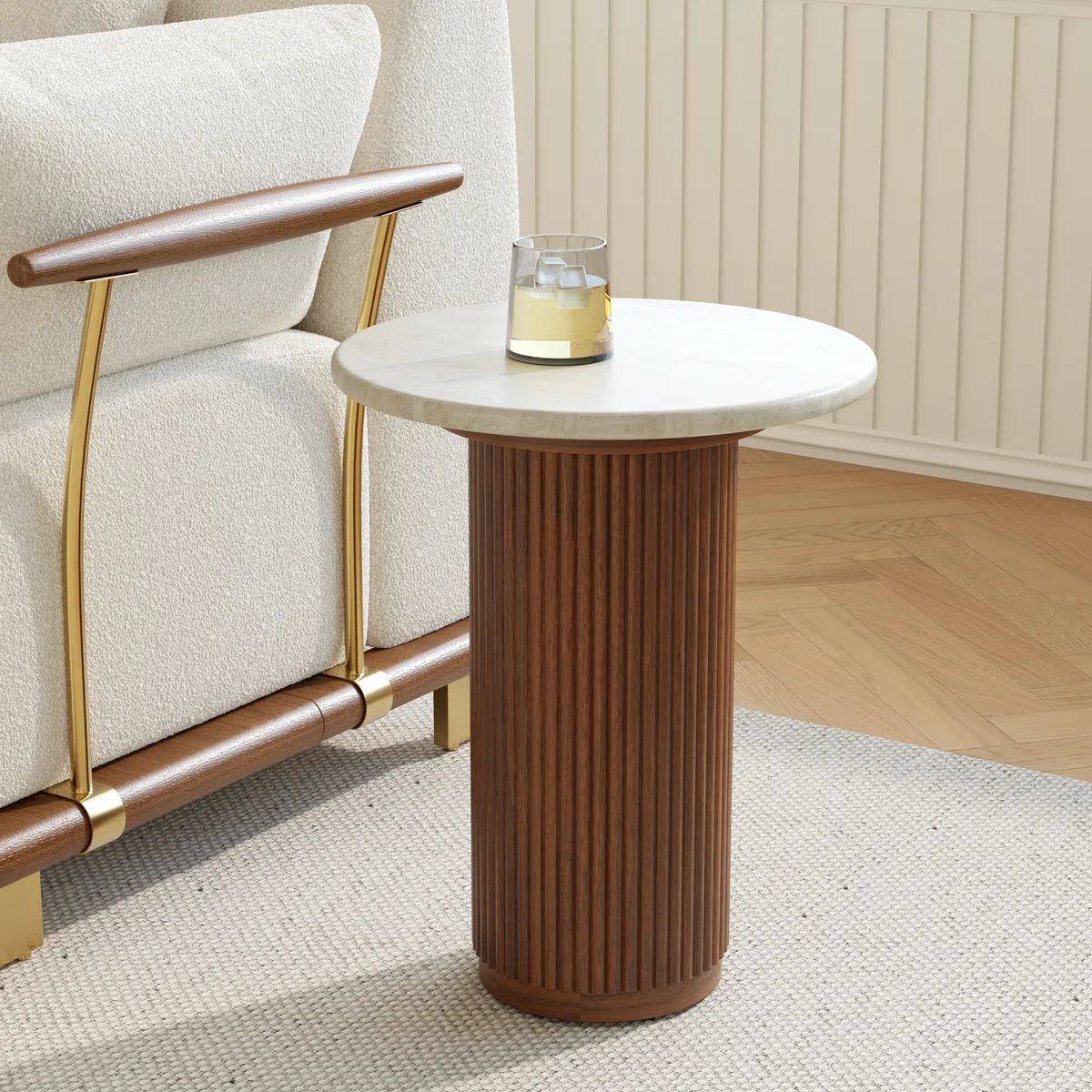 Faux Marble Round End Table Modern Side Table with Wood Base — image 4