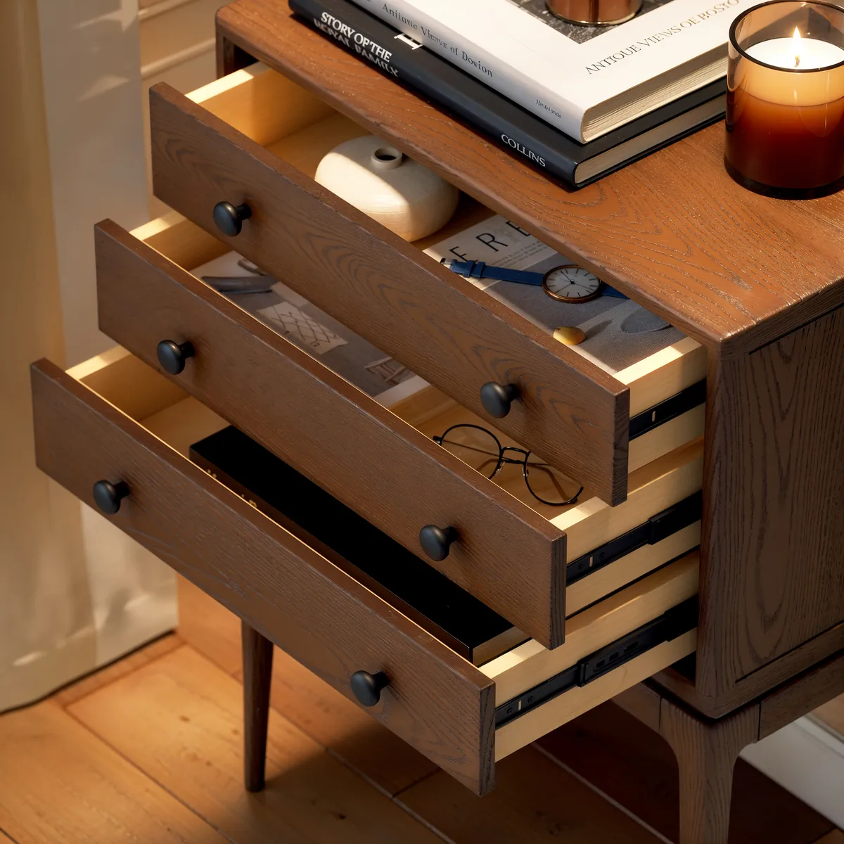 Mid-Century 3-Drawer Chest – Solid Ash Wood in Walnut Finish — image 6