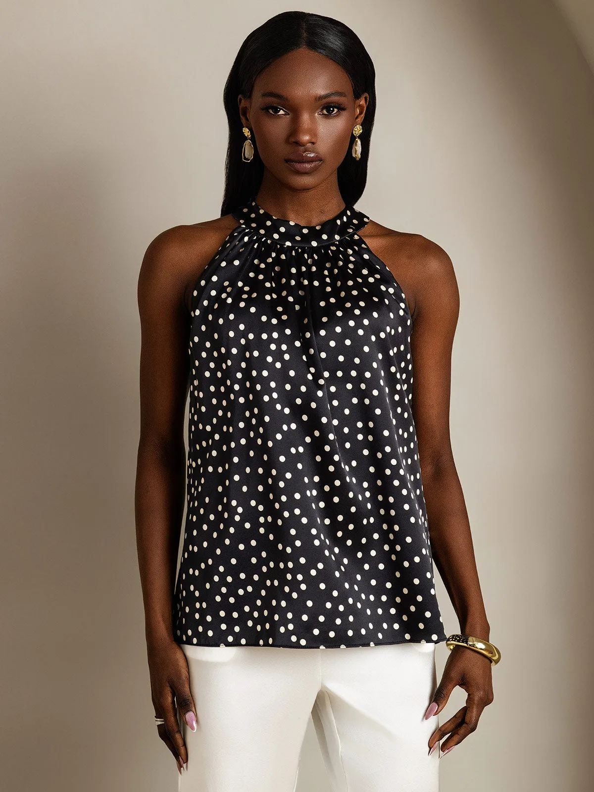 19Momme Women's Silk Polka Dot Print Sleeveless Halter Neck Top — image 3