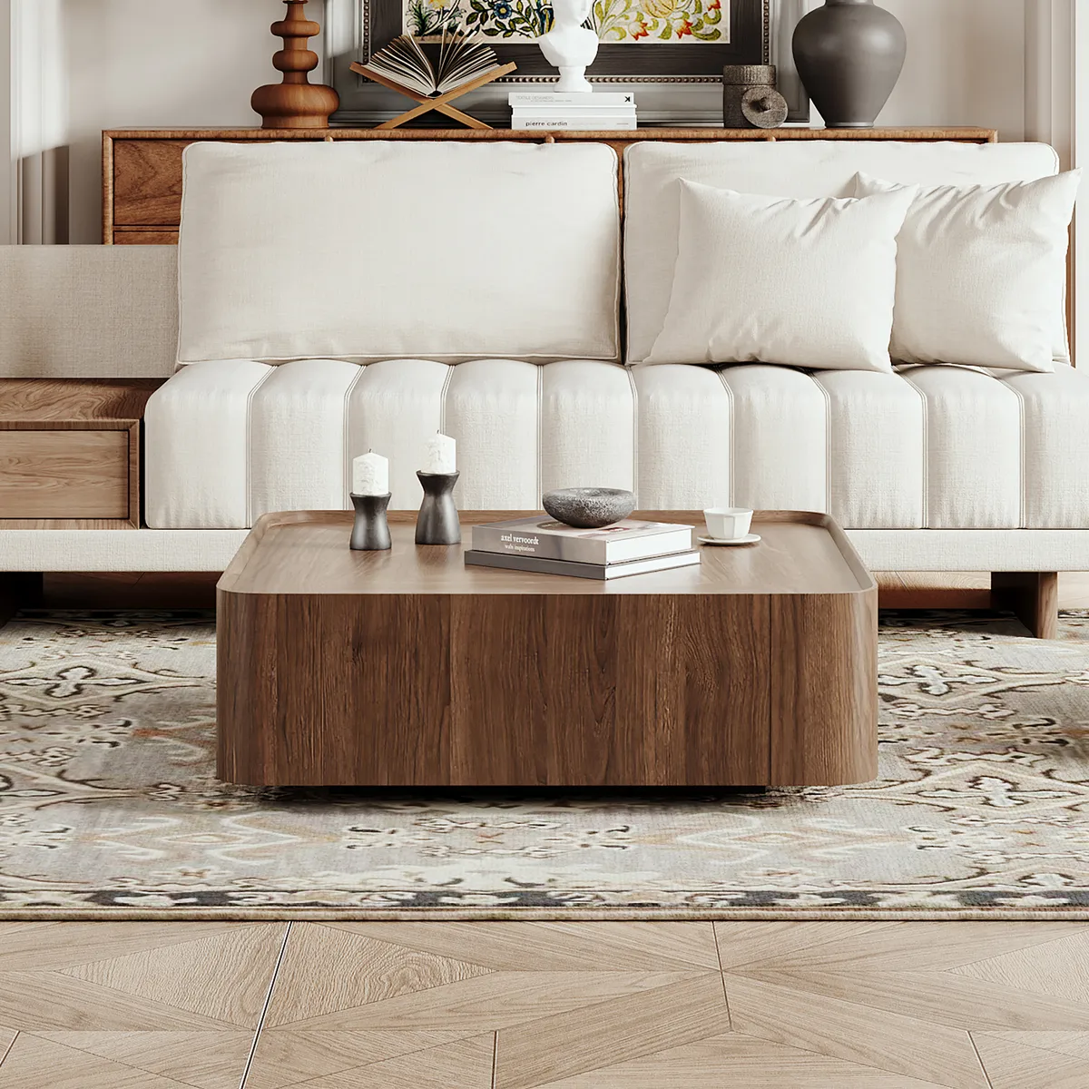 Modern Living Room Couch Set Fabric L-Shaped White Modular Sectional Sofa & Wood Block Coffee Table — image 7