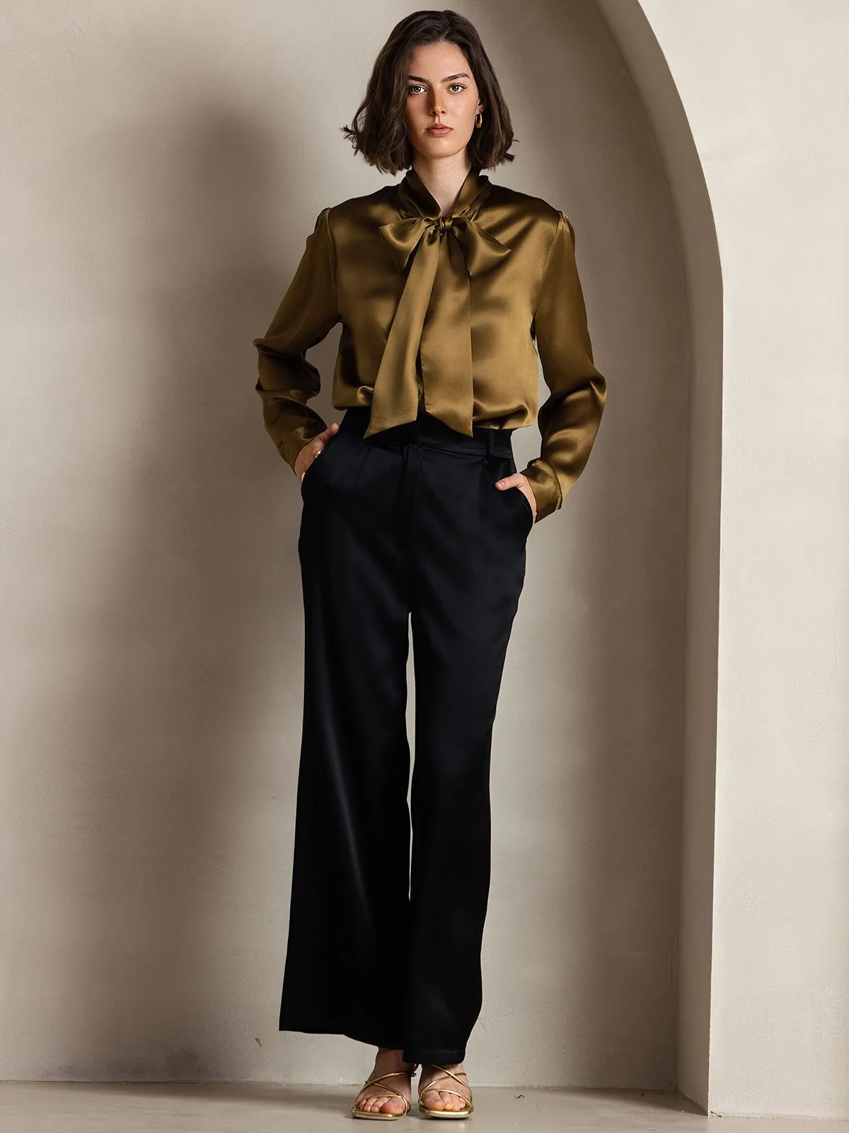Elegant 19Momme Silk Long Sleeve Tie Neck Blouse — image 3