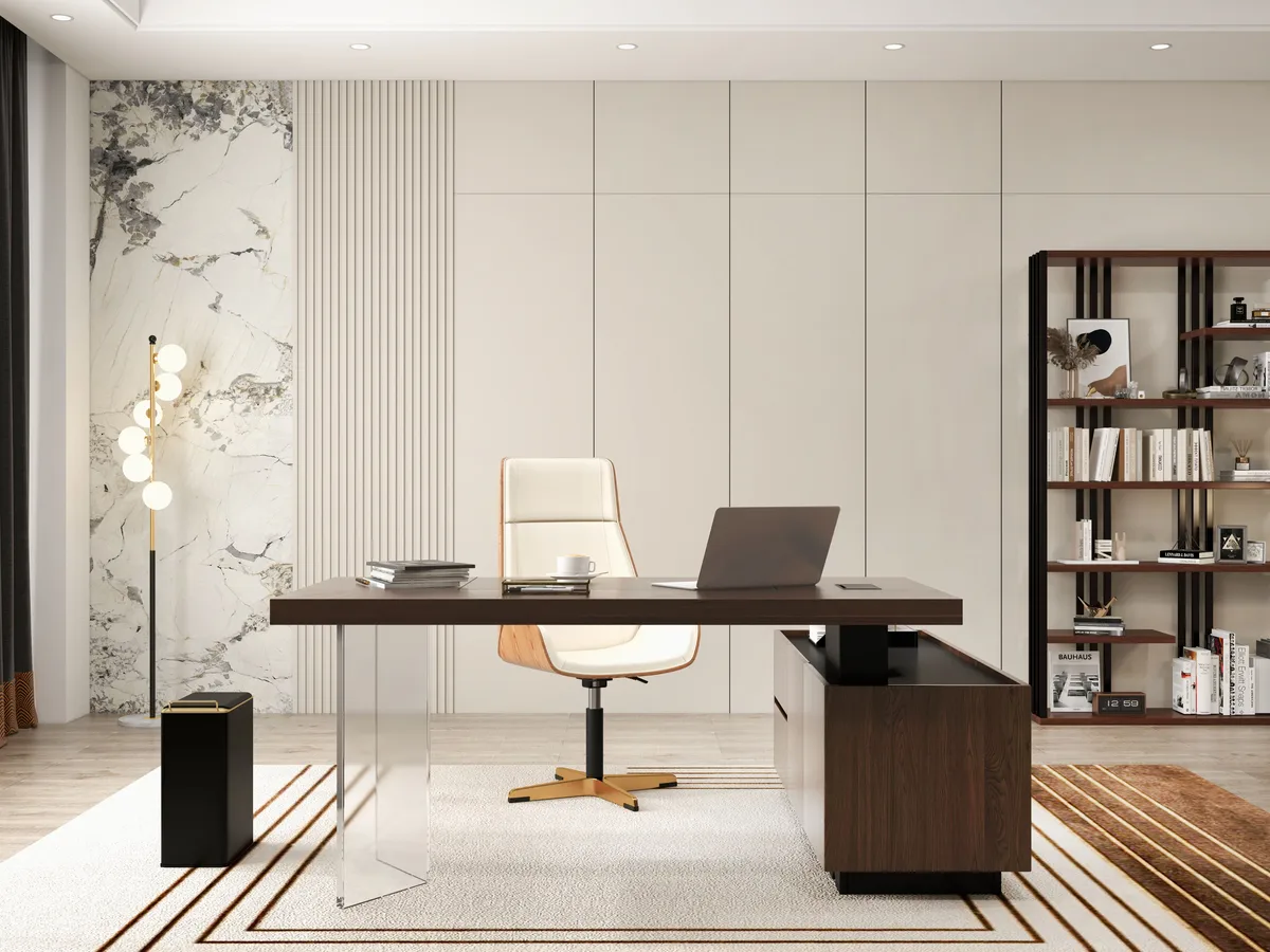 Modern 72" L-Shape Whitewash Standing Executive Desk with lifter Desktop Left Hand — image 14