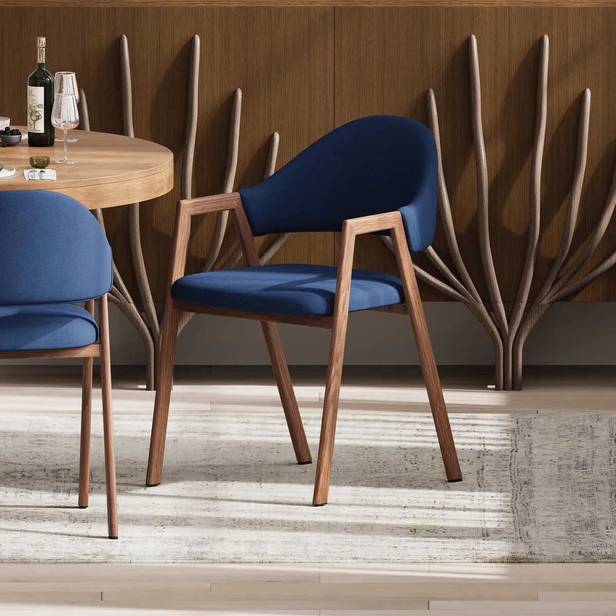 Blue Linen Upholstered 4-Piece Dining Chair Curved Back Chair