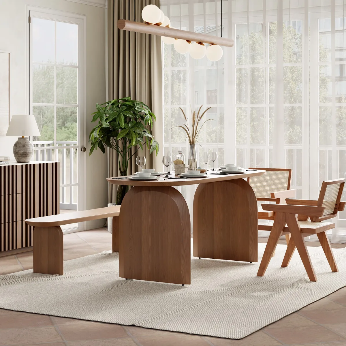 70.9" Oval Dining Table Solid Wood for 6 People Japandi Walnut Pine Wood Dininer Table for Dining Room, Kitchen, Living Room Easy Clean — image 3
