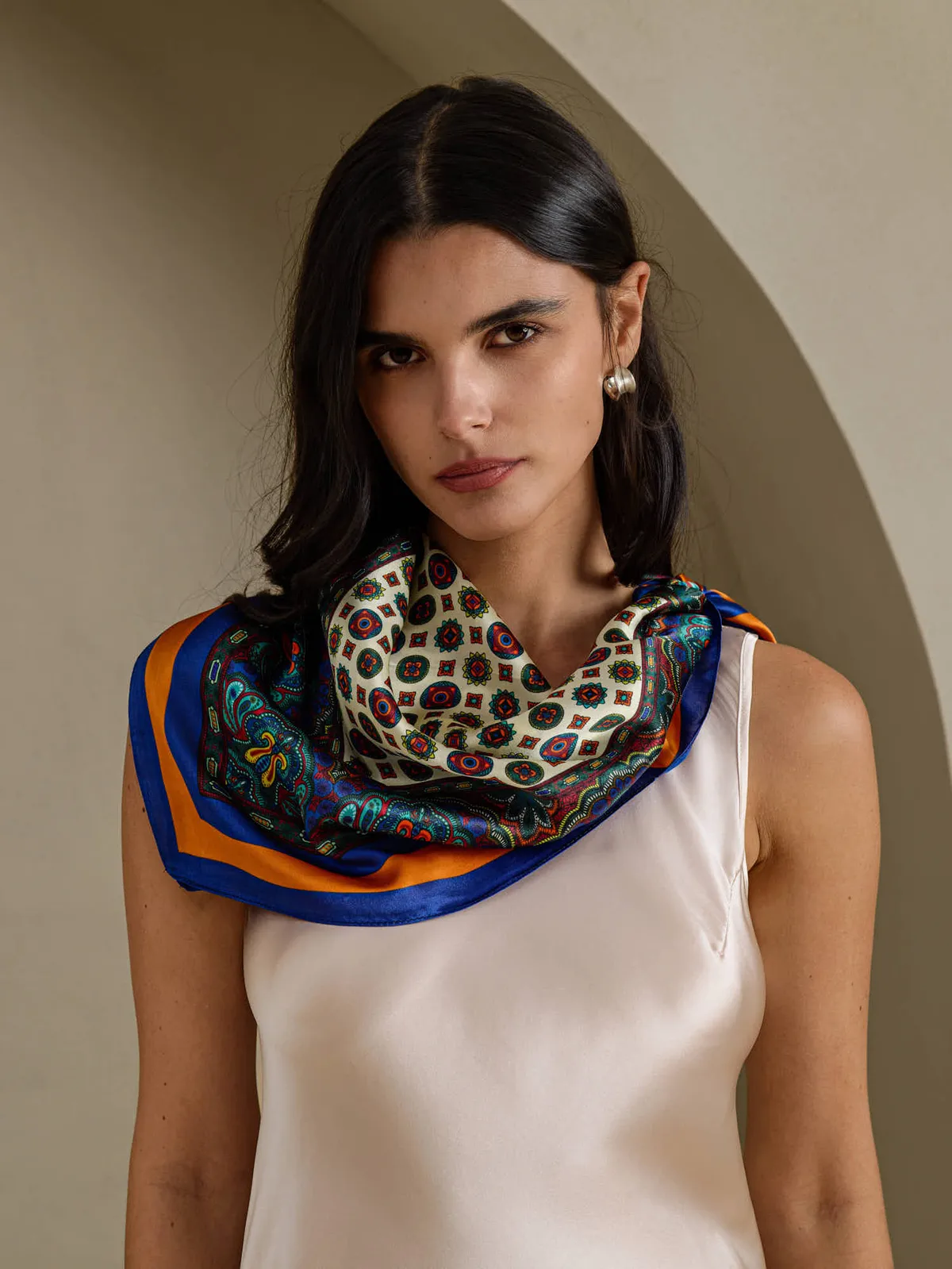 Pure Silk Paisley Geometric Print Square Scarf -Size 70x70cm