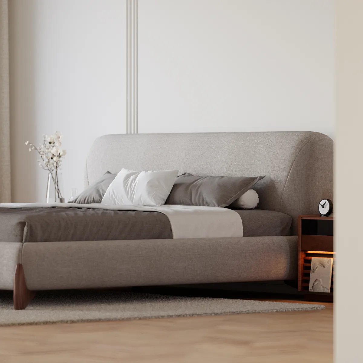Modern White Boucle Platform Bed Queen Size Bed Frame with Upholstered Headboard — image 8