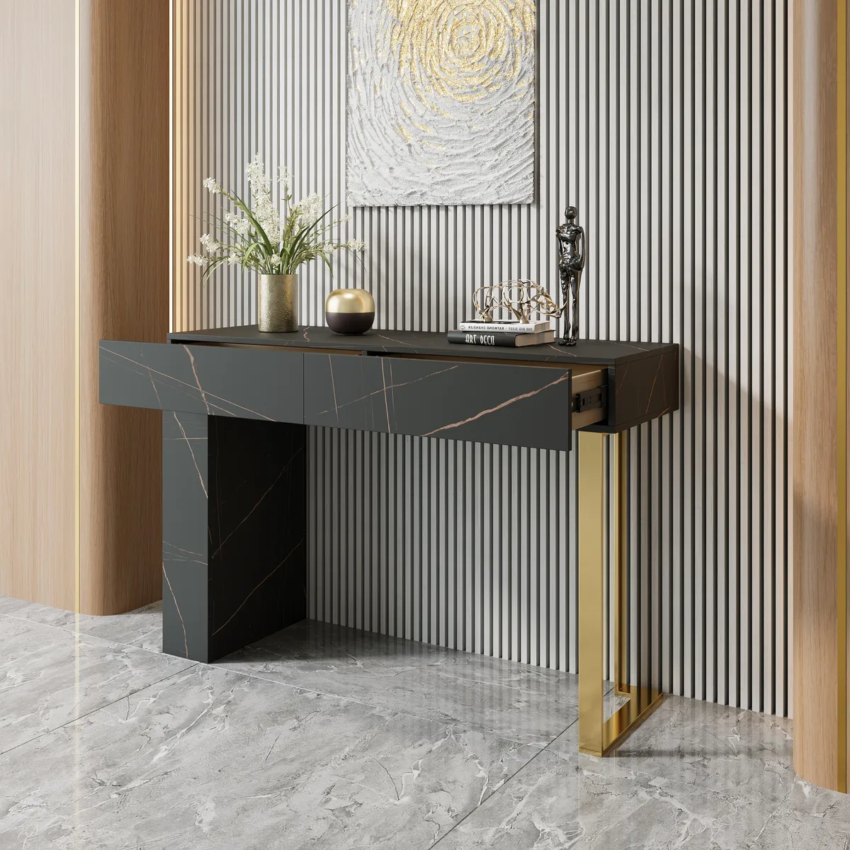 47.2" Black Console Table Modern Accent Table For Entryway with 2 Drawers & Stainless Steeel Base — image 4