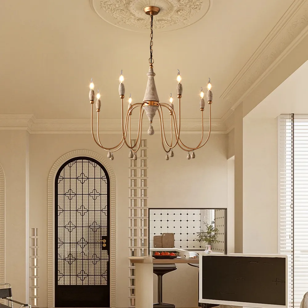 Mid-Century 8-Light Candle-Style Chandelier with Gold Ovated Wood Farmhouse Modern Pendant Light — image 3