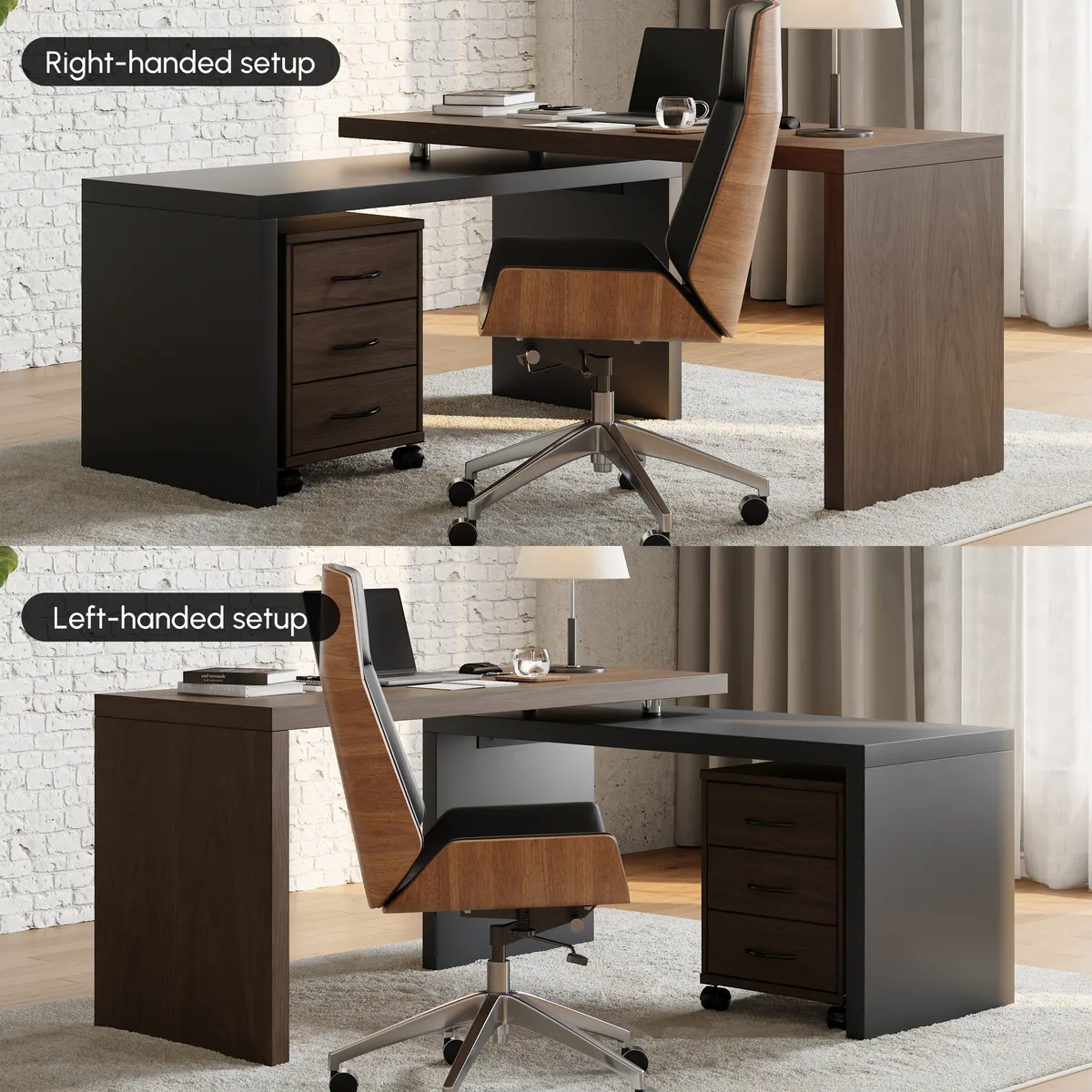 Modern L Shaped Executive Office Desk with with Movable File Cabinet Black & Walnut Swivel Desk Office Furniture (59.8" ) — image 6