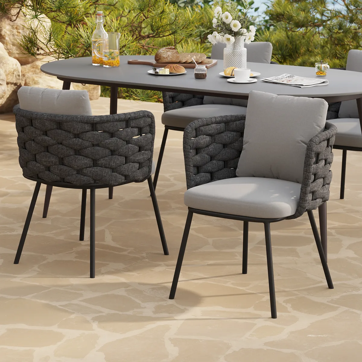 Set of 2 Modern Dark Gray Aluminum Rattan Outdoor Dining Chairs with Armrests – Durable & Weather-Resistant for Patios, Gardens, or Balconies — image 4