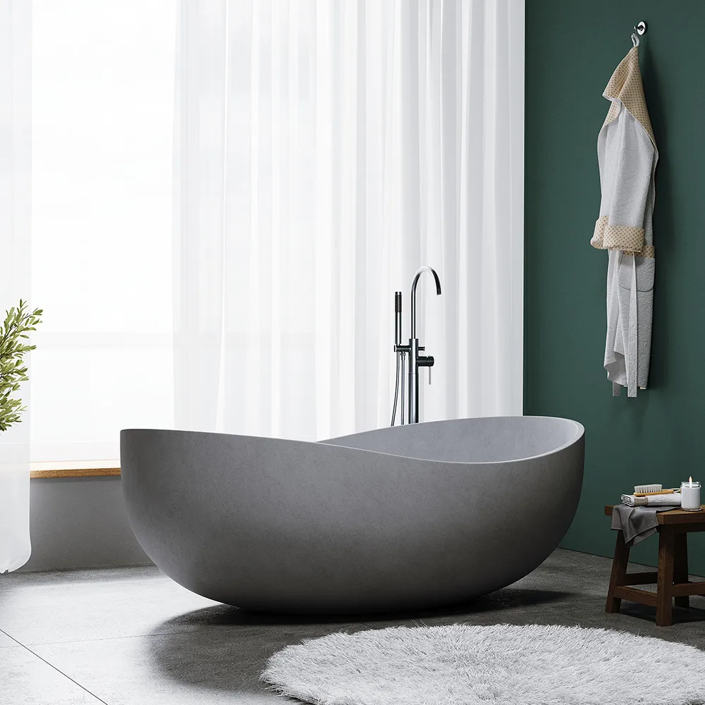 63" Industrial Concrete Soaking Bathtub Oval Cement Freestanding Bathtub — image 8
