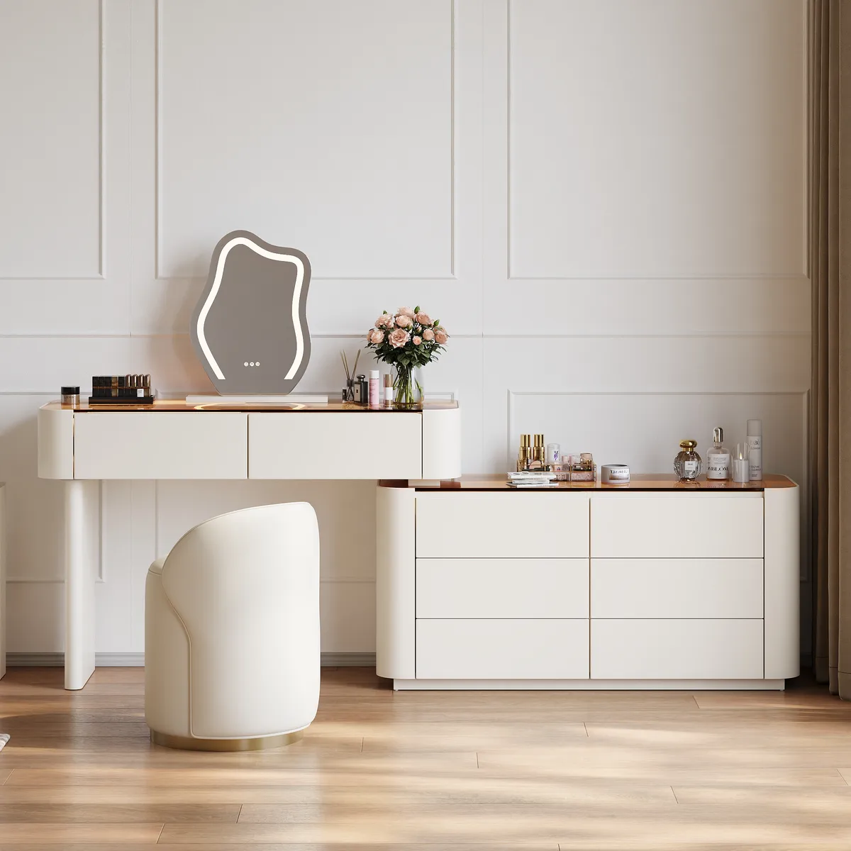 Modern Extendable Makeup Vanity Set Dresser Vanity with Mirror & Light (53"–87") — image 2