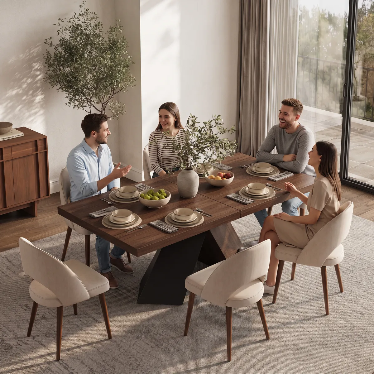 63"-79" Extendable Walnut Dining Table Modern Farmhouse Rectangle 4-6 Seater Pedestal — image 25