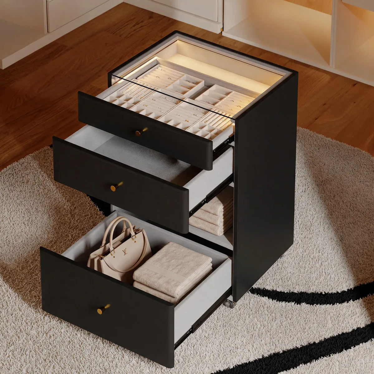 Walk-In Closet Island Jewelry Dresser with Glass Top & Light — image 3