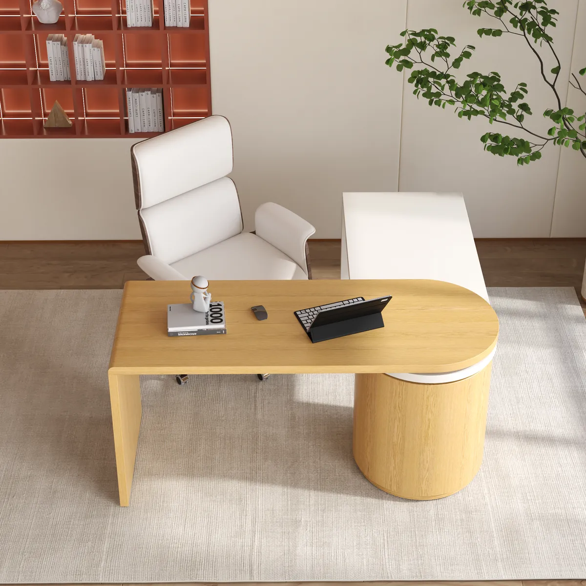 Modern Wash White L Shaped Desk & Off White Home Office Chair Set Upholstered Swivel — image 3
