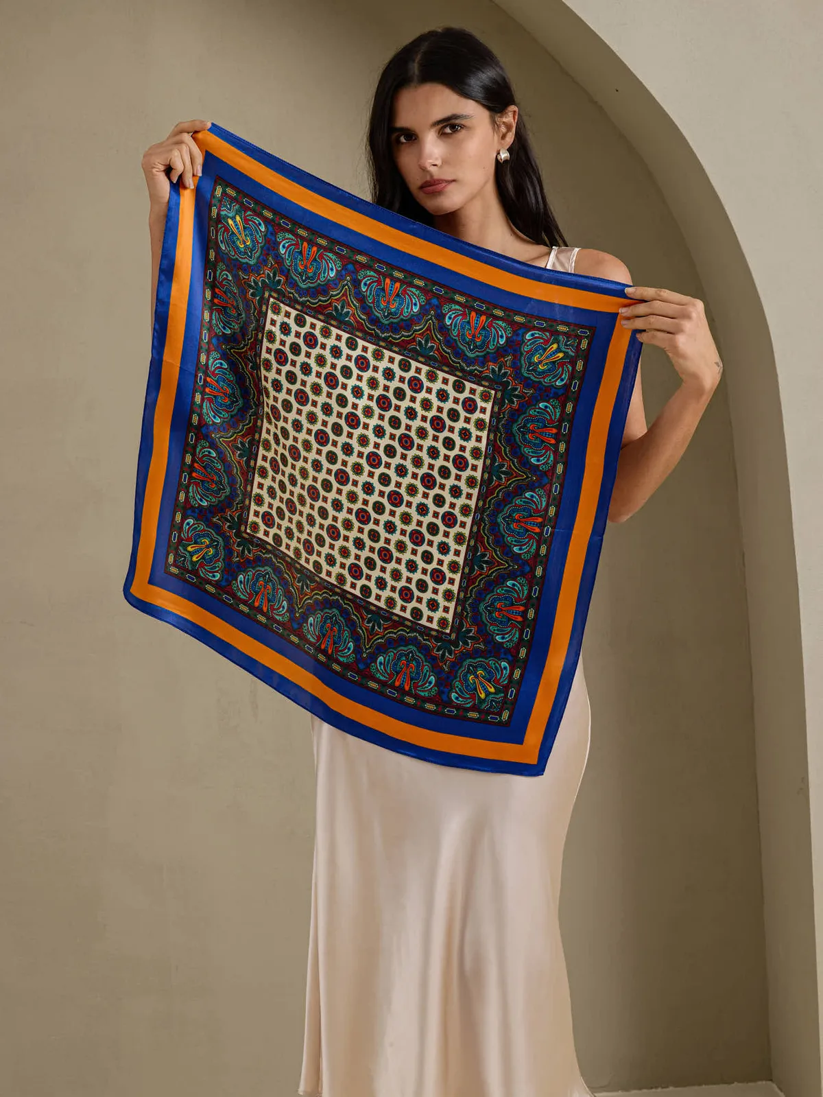 Pure Silk Paisley Geometric Print Square Scarf -Size 70x70cm — image 3
