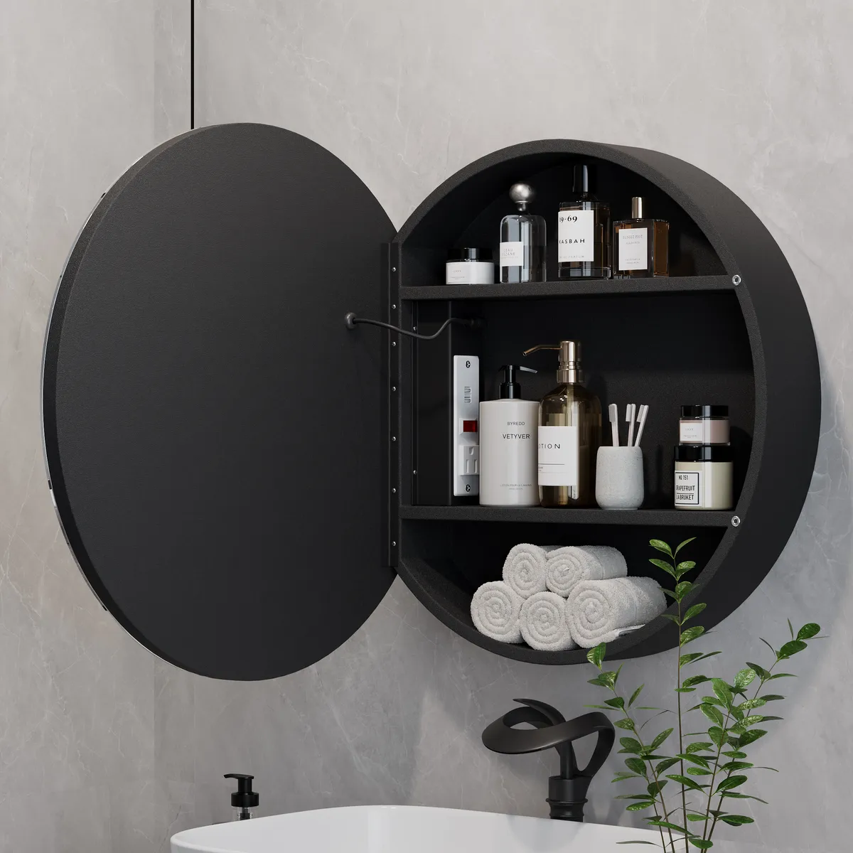 24" Round LED Walnut Medicine Cabinet with Storage, Anti-Fog, Dimmable — image 3
