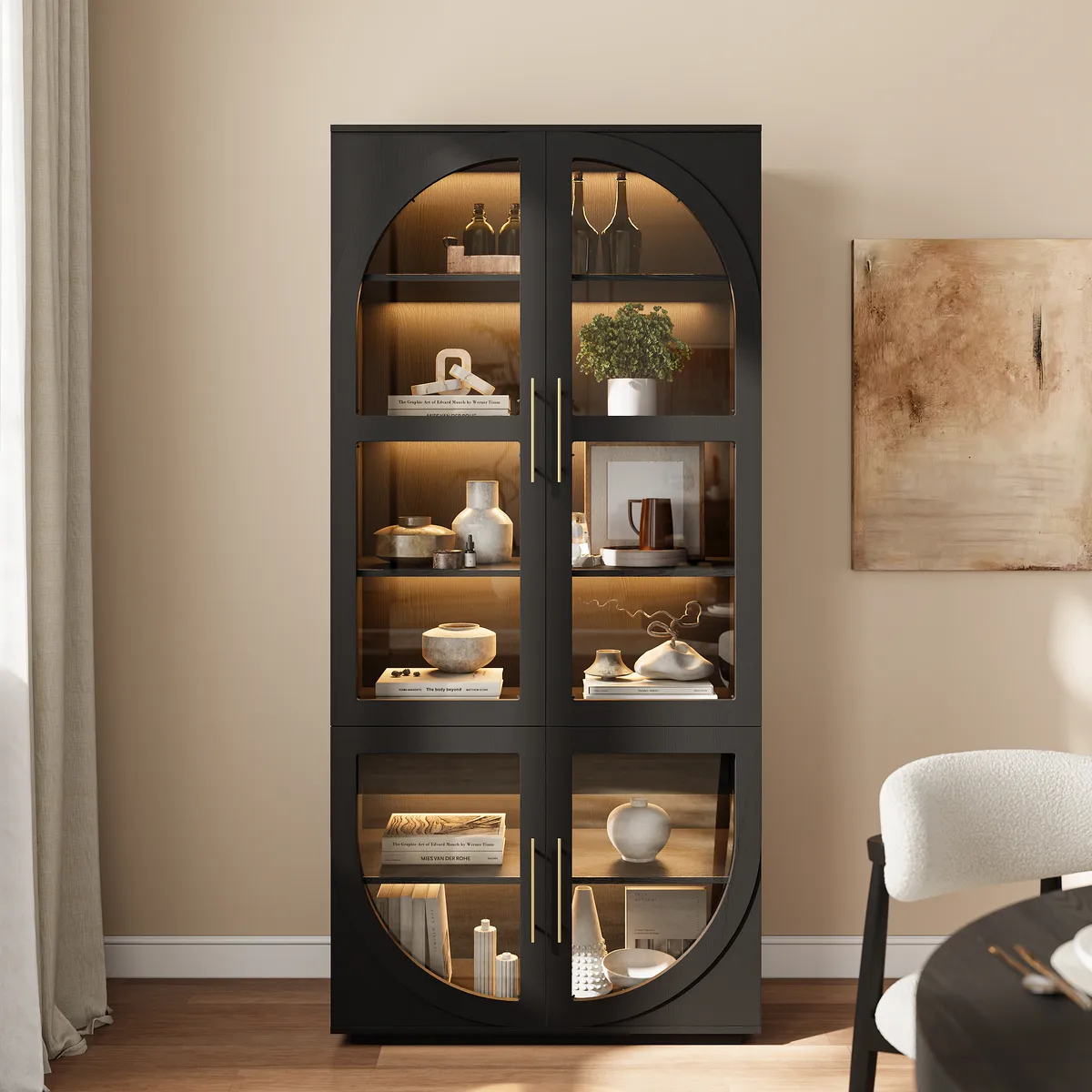 Arune Glass Tall Display Cabinet with Drawers & LED Light — image 5