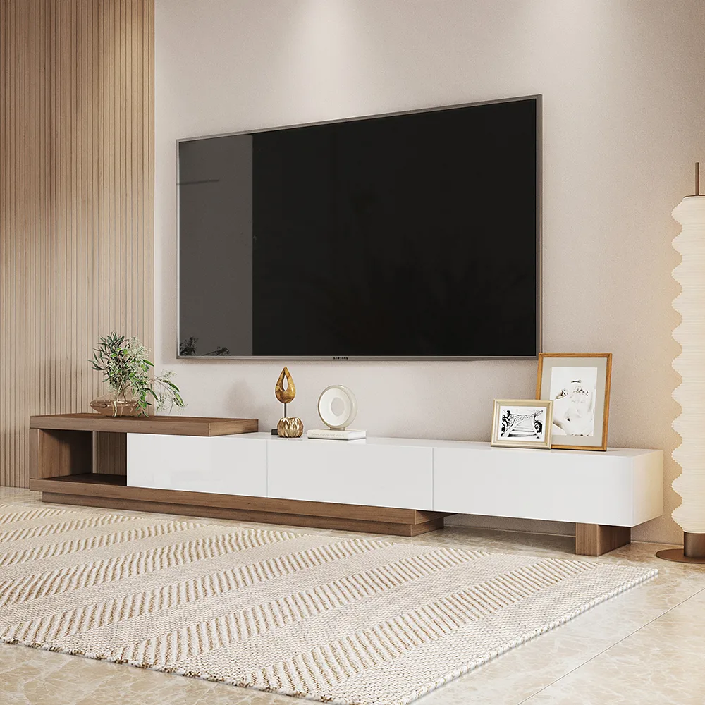 Quoint 100.4" Modern TV Stand Retracted & Extendable 3-Drawer Light Media Console