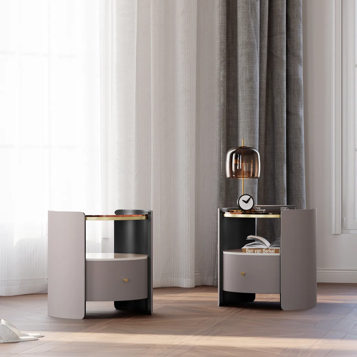 Modern Round Gray Leather Nightstand with Glass Top & Sintered Stone Bedside — image 2