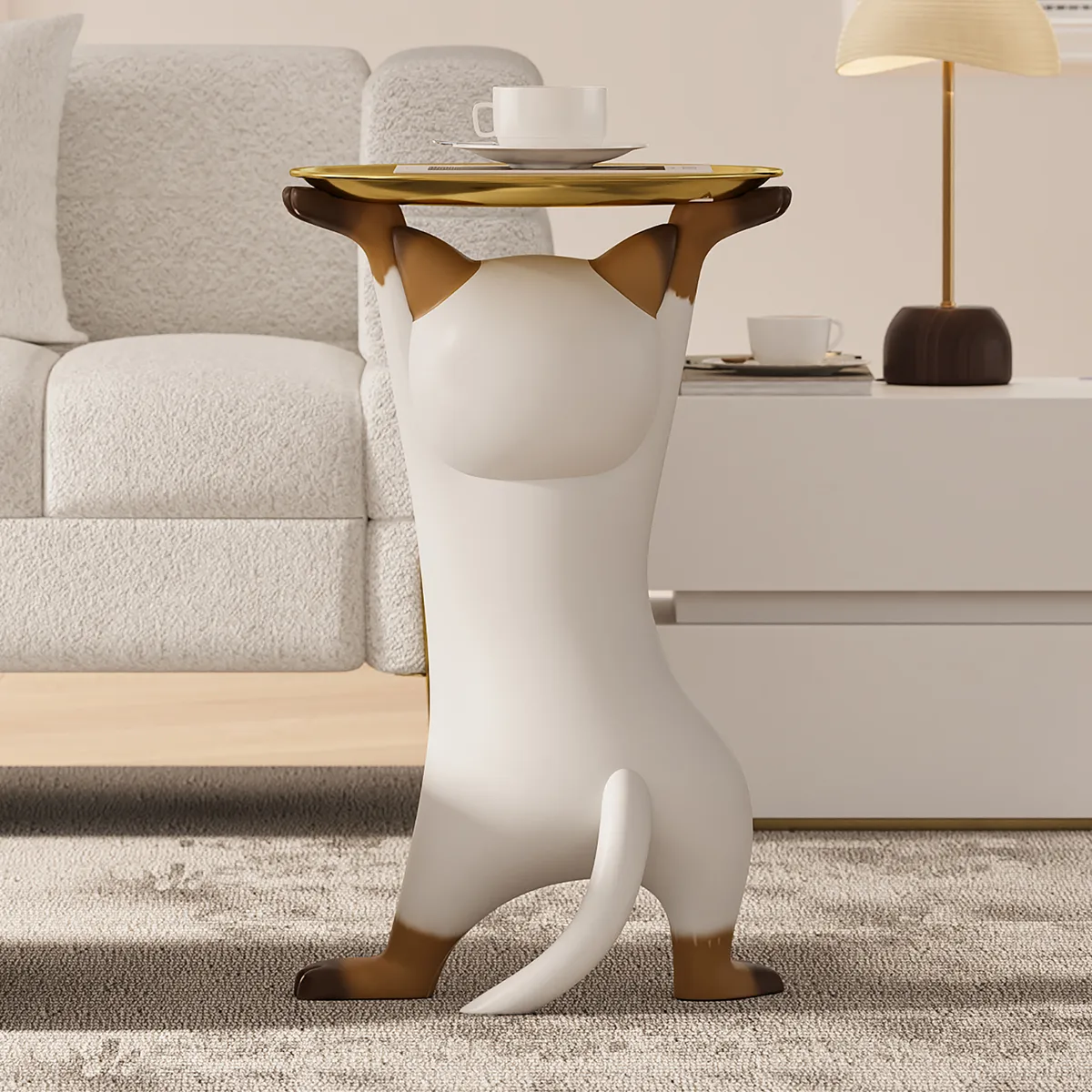 Modern Cat Side Table Decorative Cocktail Table Floor Resin Figurine with Gold Tray End Table — image 6