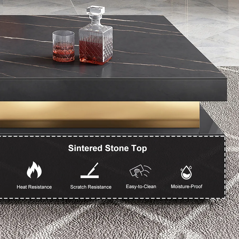 Trimied 43" Modern Black Square Storage Coffee Table Stone Top & 4 Wood Drawers — image 8