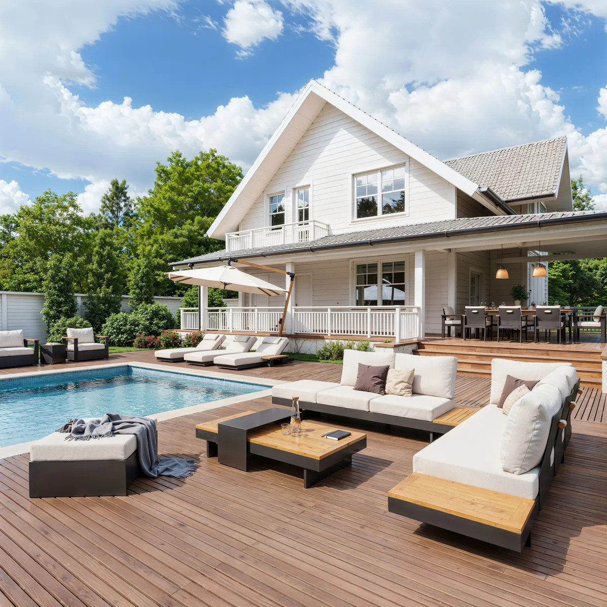 Tevara 7-Piece Outdoor Teak & Aluminum Modular Sofa Set for 6 with Ivory Cover — image 16