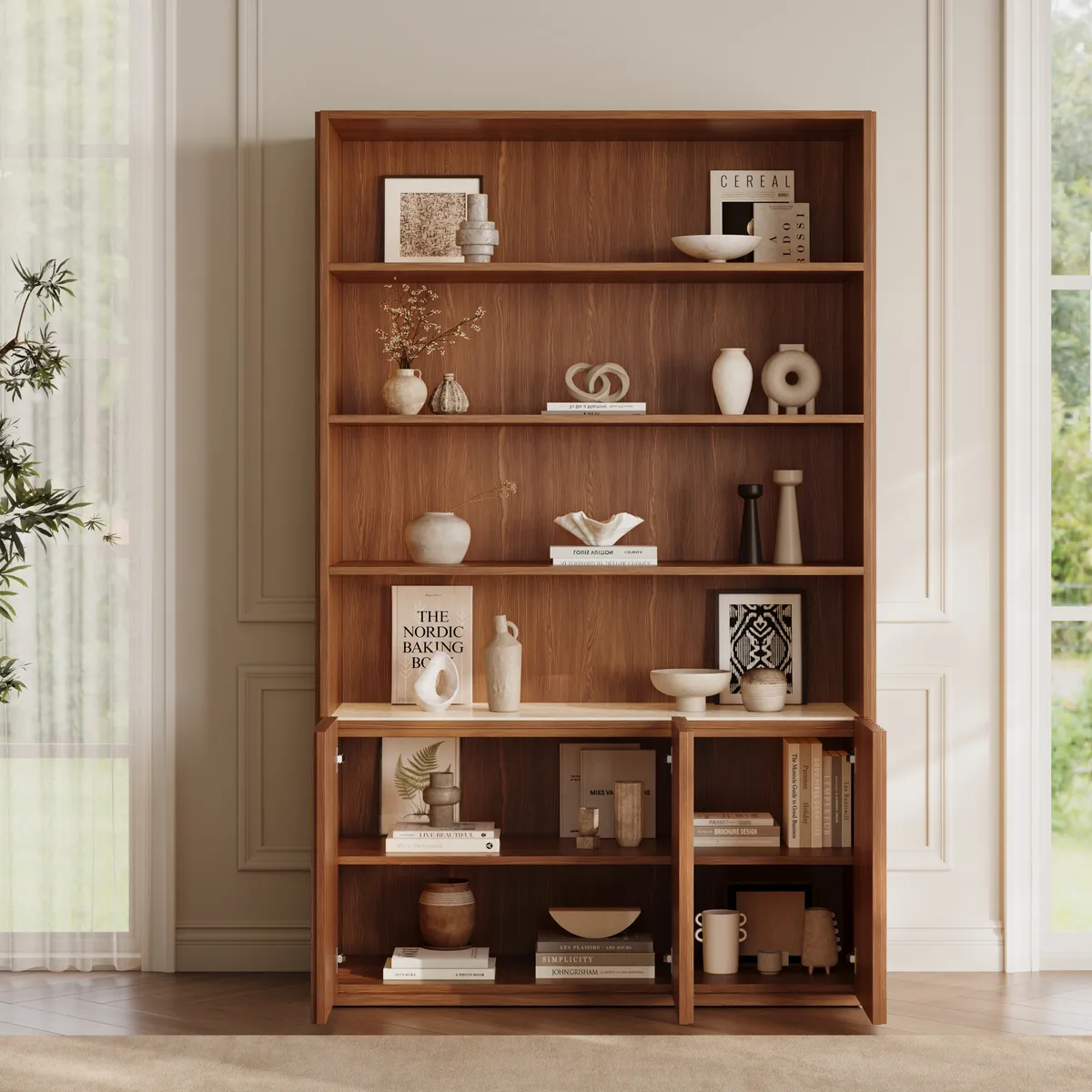 Aura 47” Ash Wood Fluted Walnut Bookcase With Sintered Stone Top — image 4