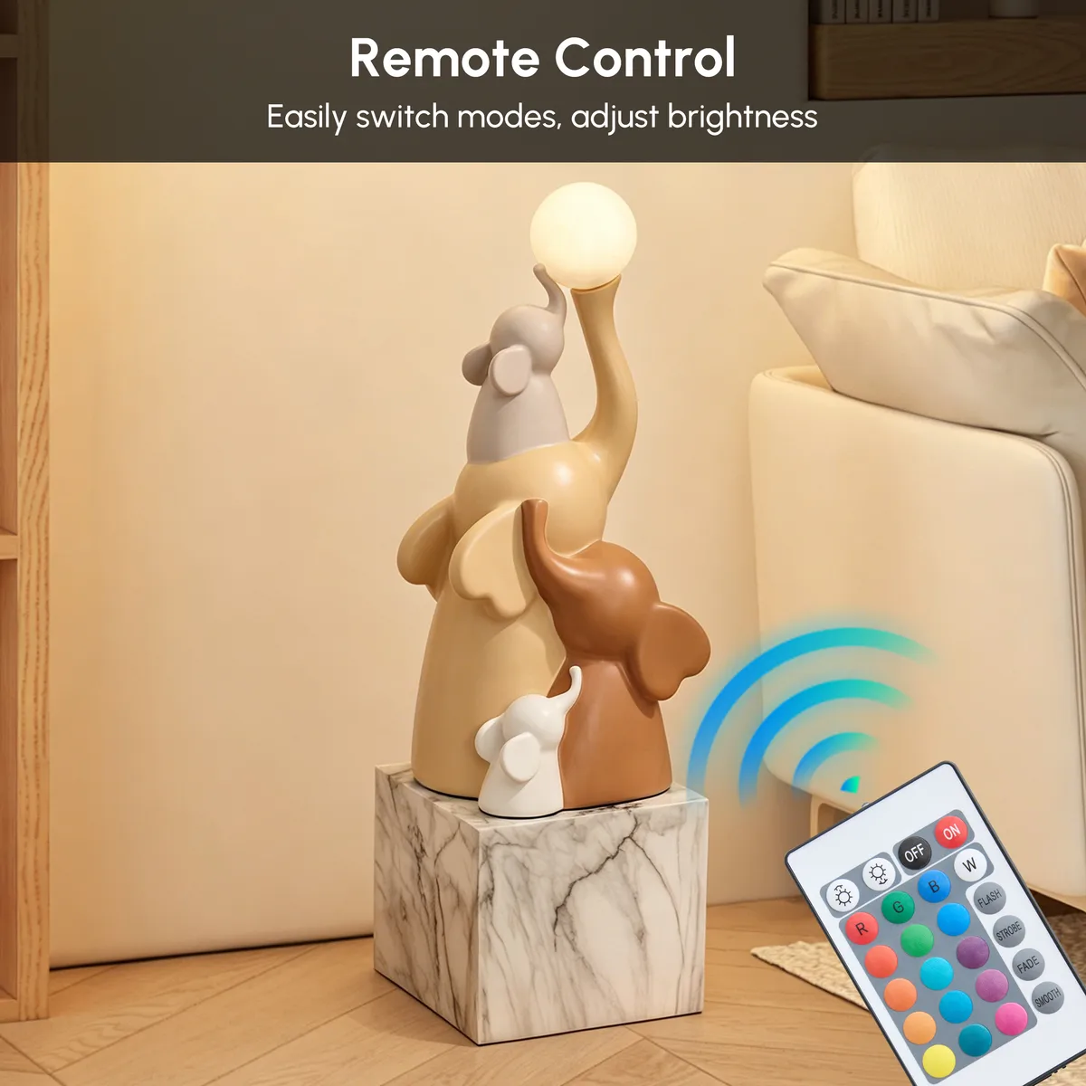 30" Elephant Sculpture with Rechargeable LED Ball – Resin Elephant Decor with Remote — image 7