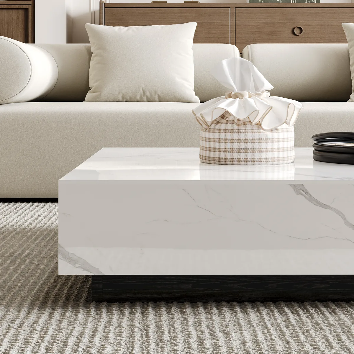 39" Square Sintered Stone Block Coffee Table With Wood Base — image 8