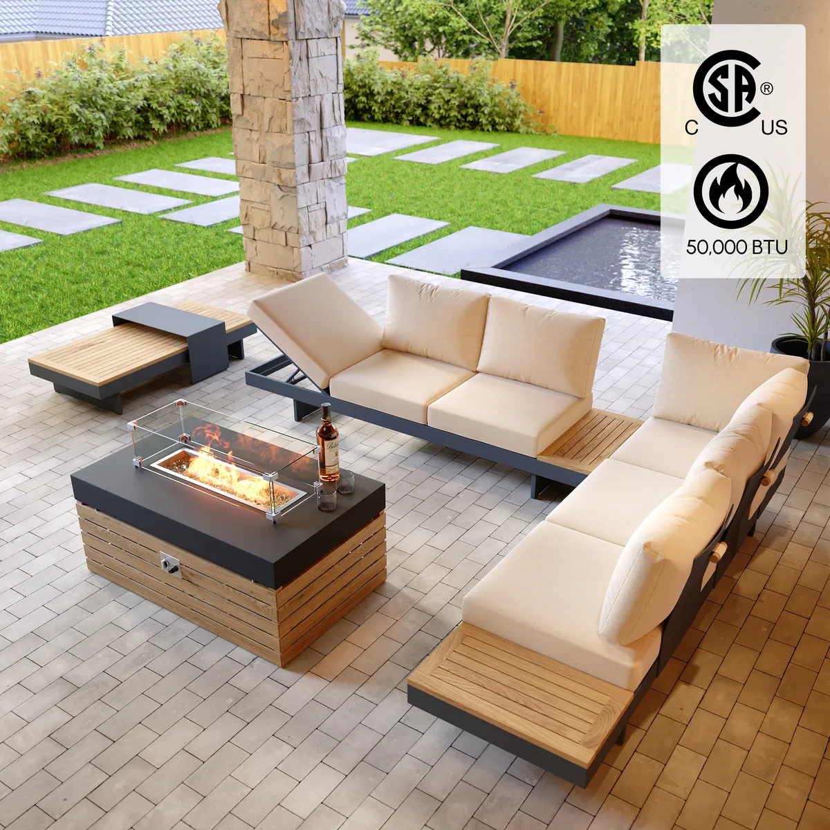 Tevara 47" 5-Pieces Modular Teak Outdoor Sofa Set with Smokeless Fire Pit for 6 Person — image 22