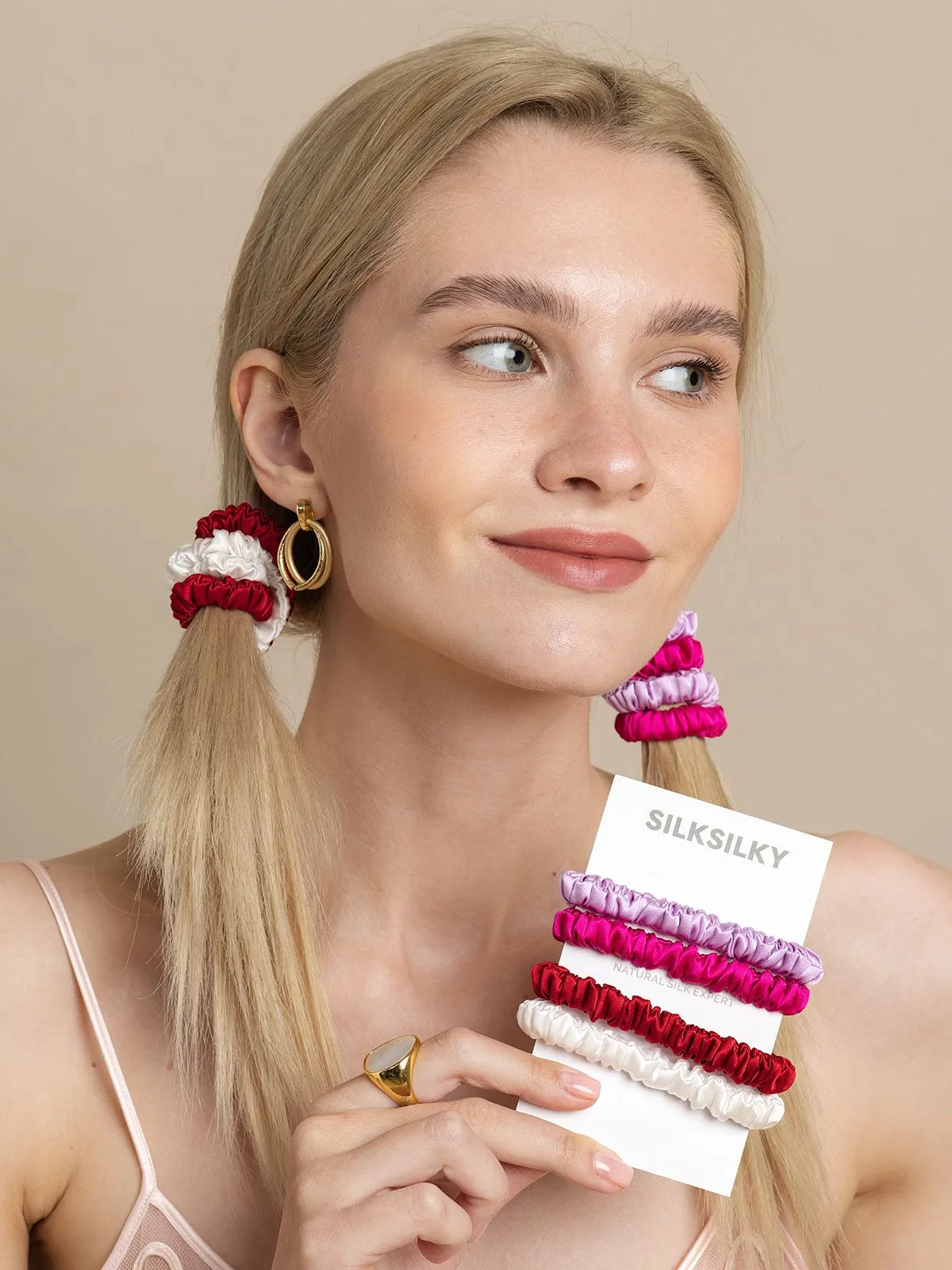 4Pcs Bundle 100% Mulberry Silk Skinny Hair Scrunchies