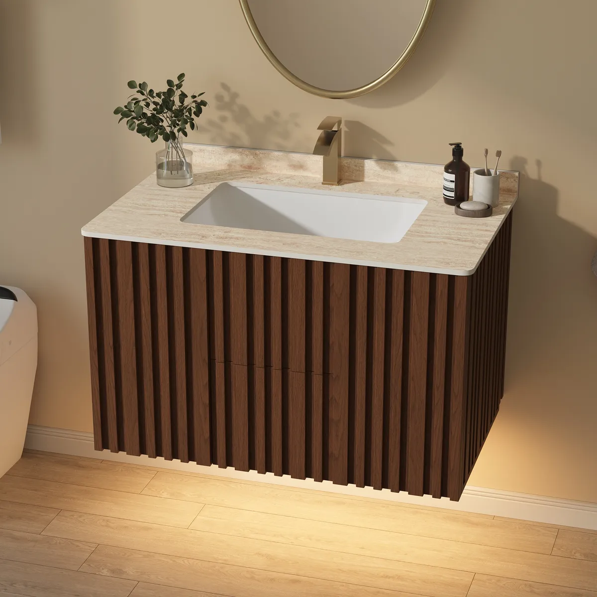 Aura 36" Bathroom Vanity with Light Ash Wood Slatted Panels Faux Travertine Top — image 2
