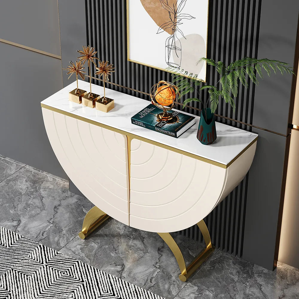 Modern Gold Console Table Sintered Stone Top Entryway Storage Cabinet with Doors — image 3