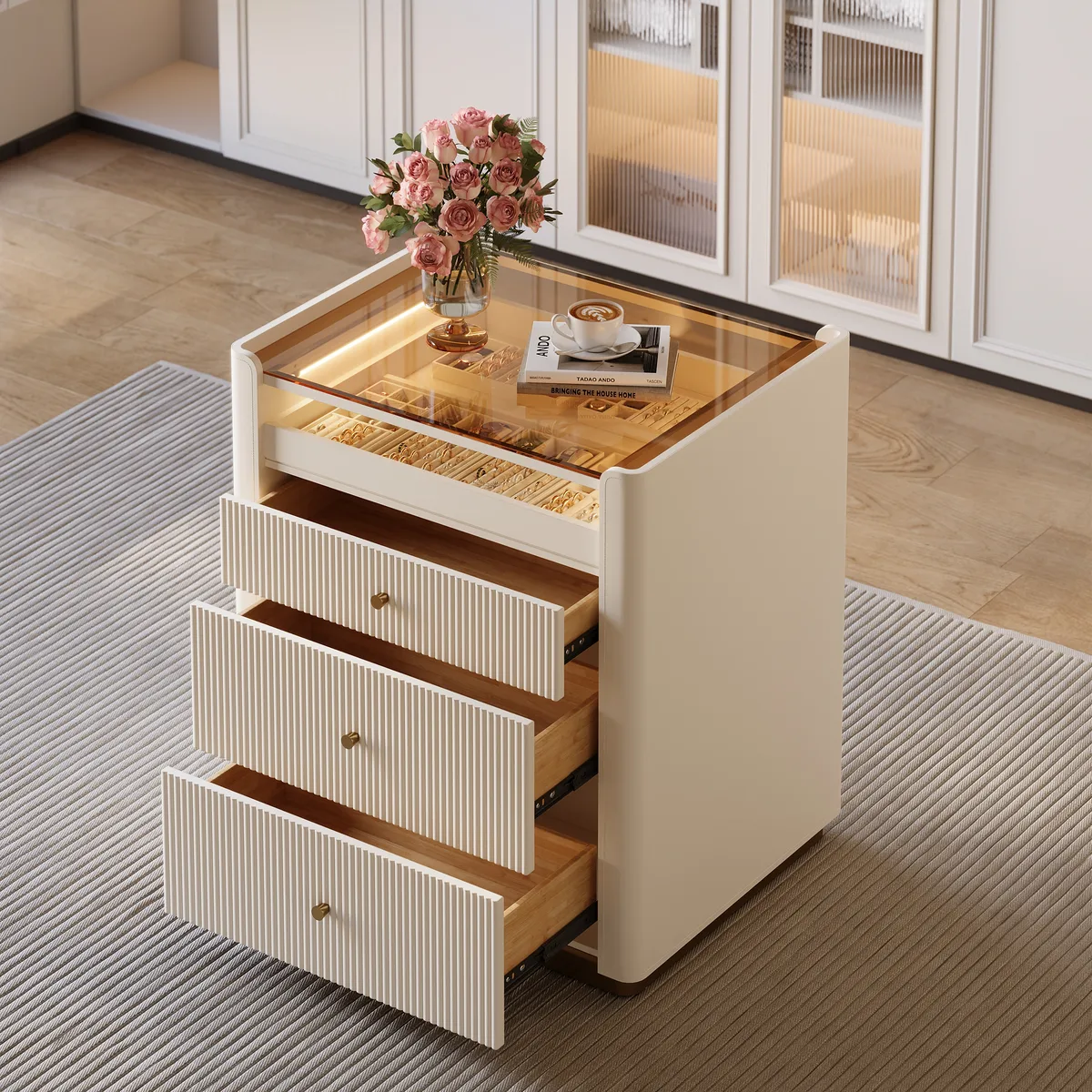 Modern Fluted Leather Closet Island 7 Drawer Dresser with Light & Jewelry Storage — image 4