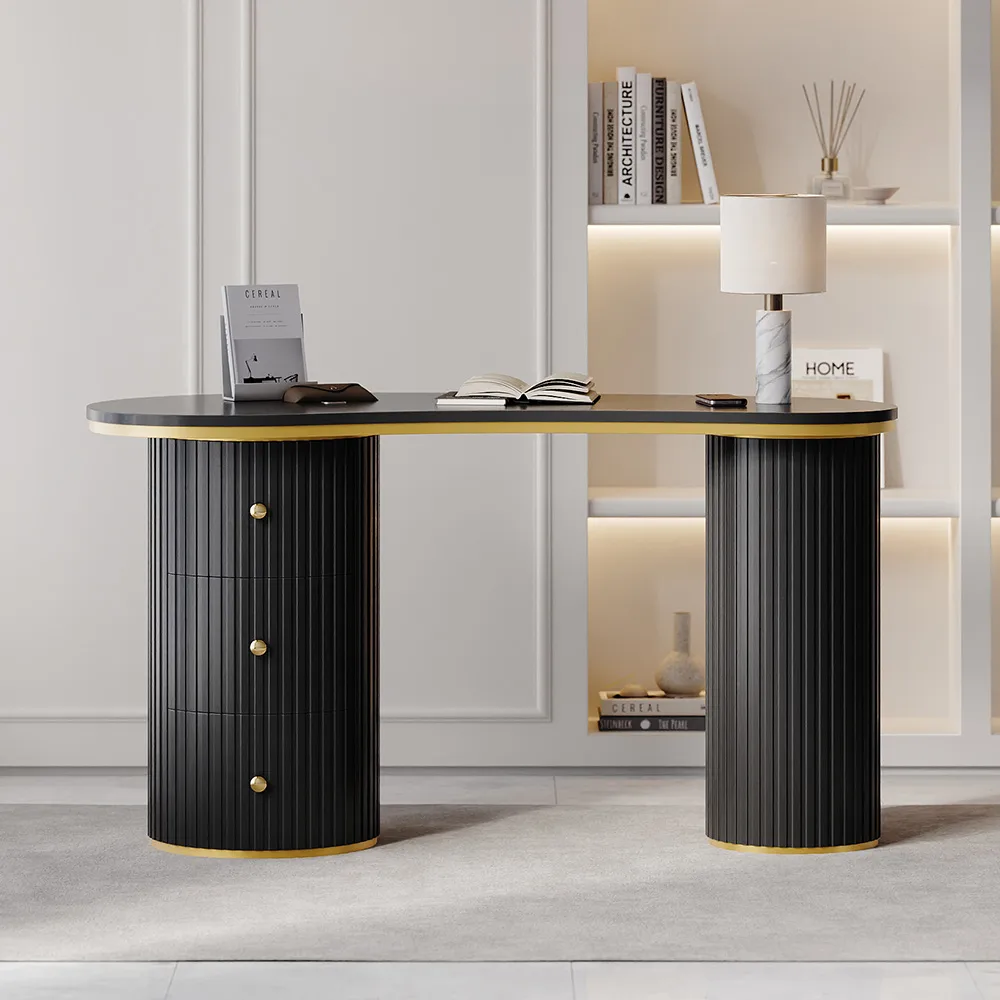 55.1" Modern Black Curved Desk 3-Drawer Wooden Home Office Desk Double Pedestal — image 3