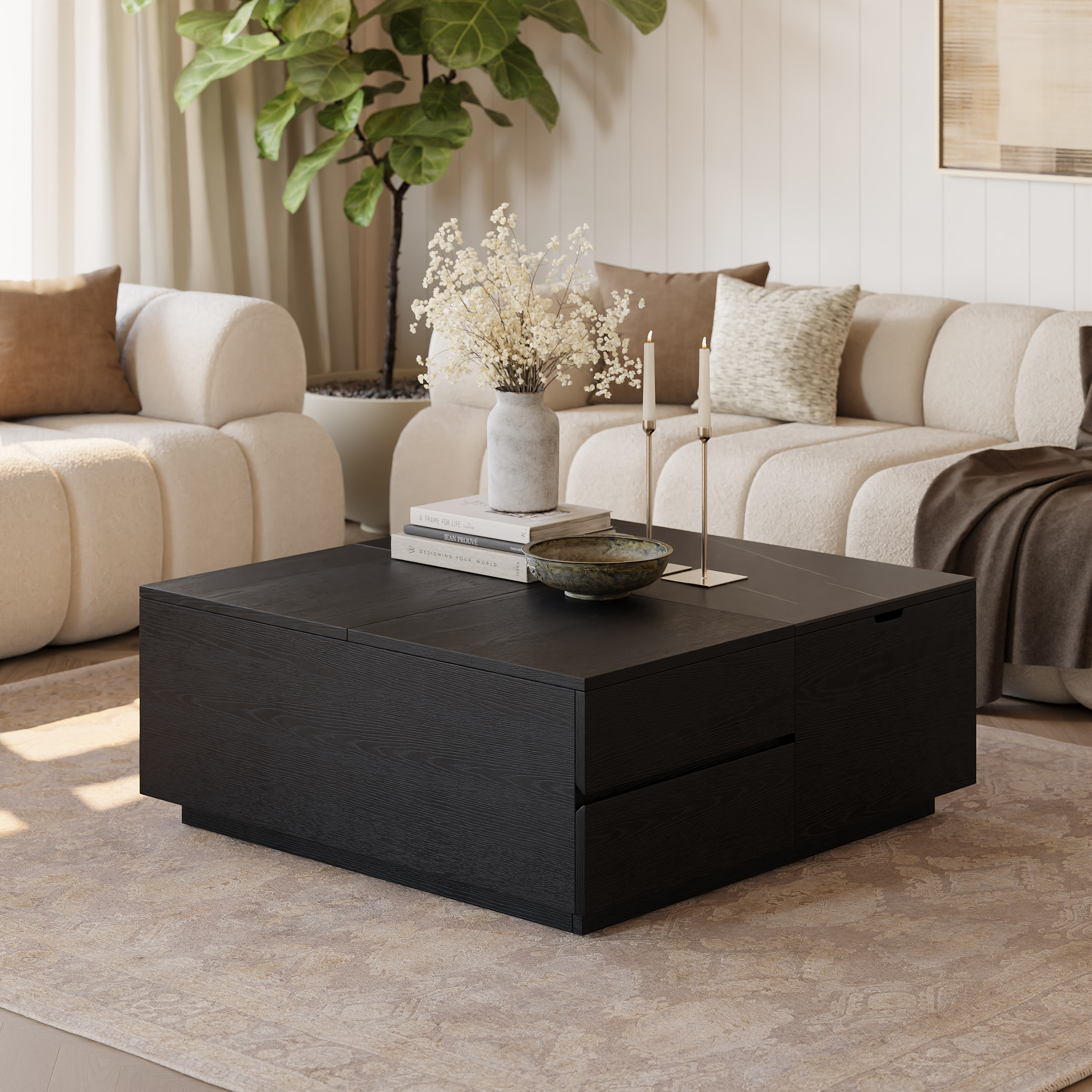 39" Square Lift-Top Wood Travertine Veneer Sintered Stone Top Coffee Table with Storage — image 6