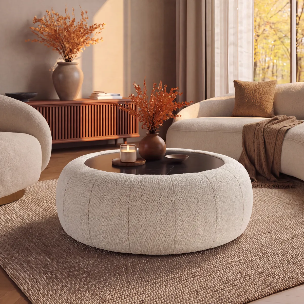 Modern 39" Round Performance Leather Ottoman Coffee Table with Hidden Storage — image 11