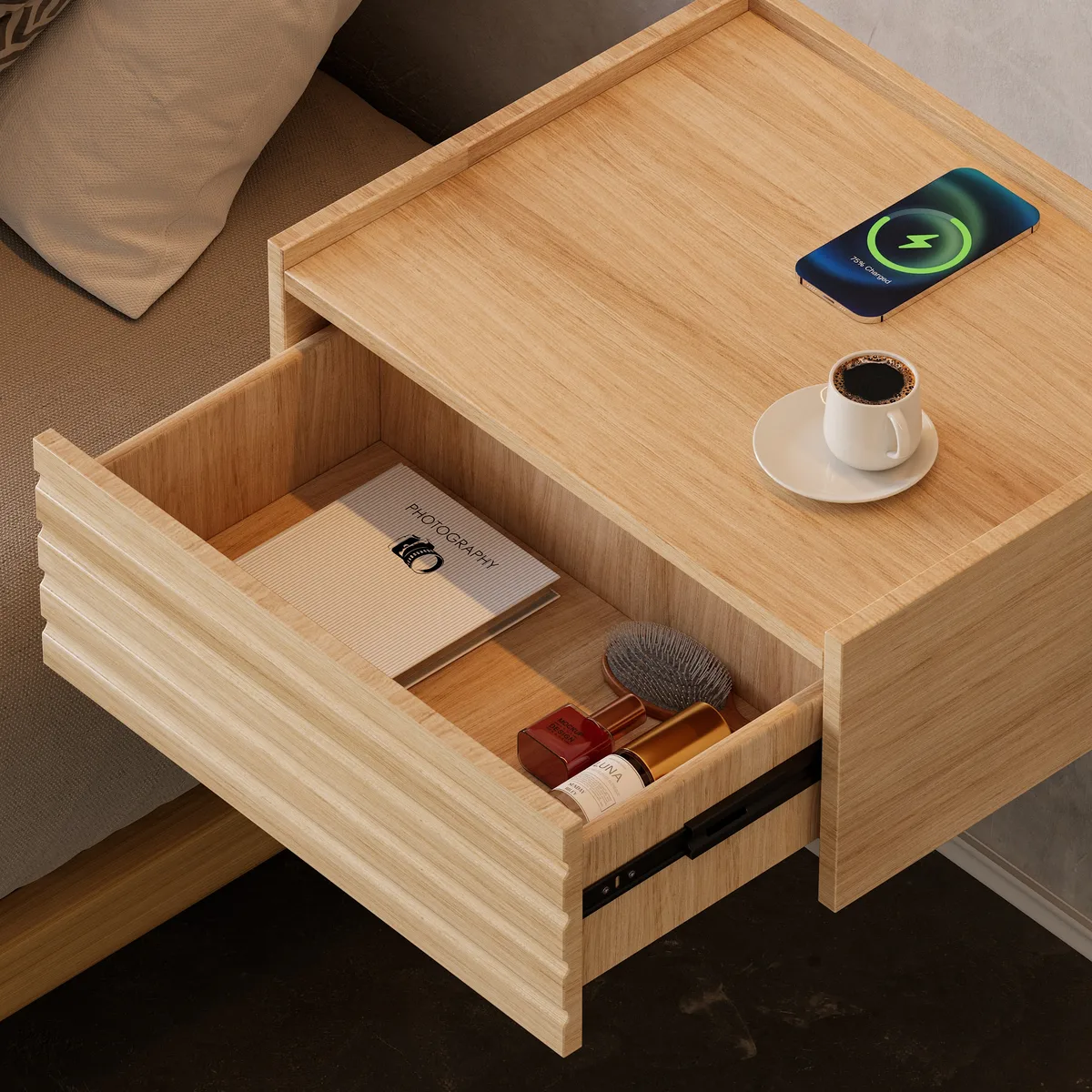 Wooden Floating Nightstand Modern Bedside Table with Charging Station Japanese Style — image 18