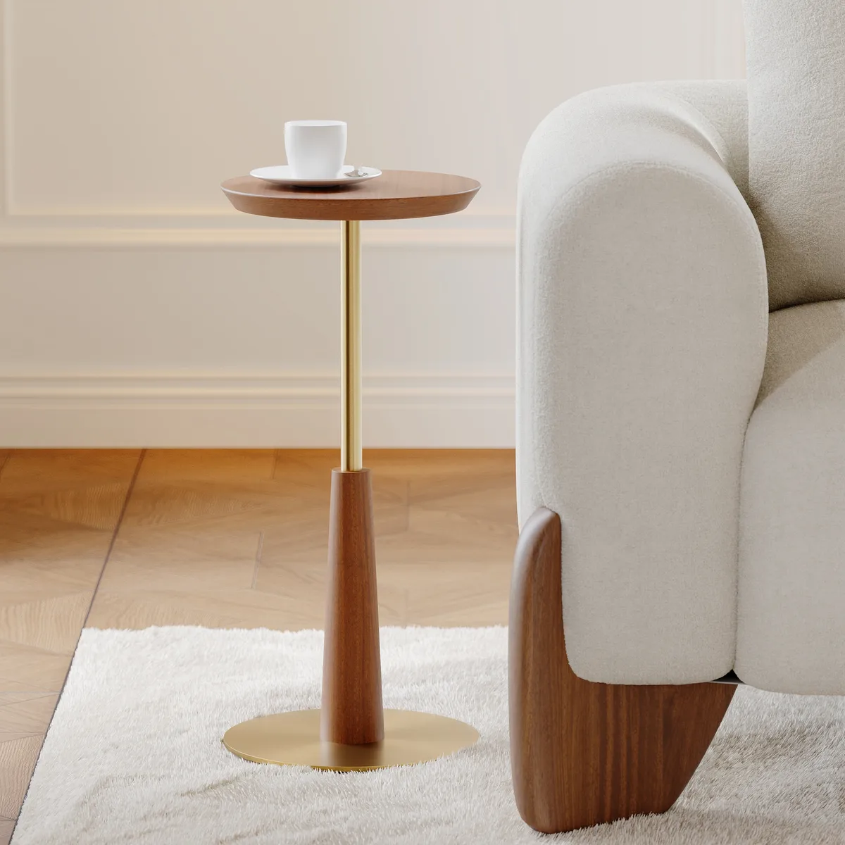 Round Mid-Century Modern Cocktail Table Walnut & Gold Side Table — image 2