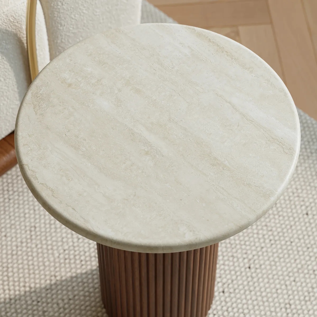 Faux Marble Round End Table Modern Side Table with Wood Base — image 8