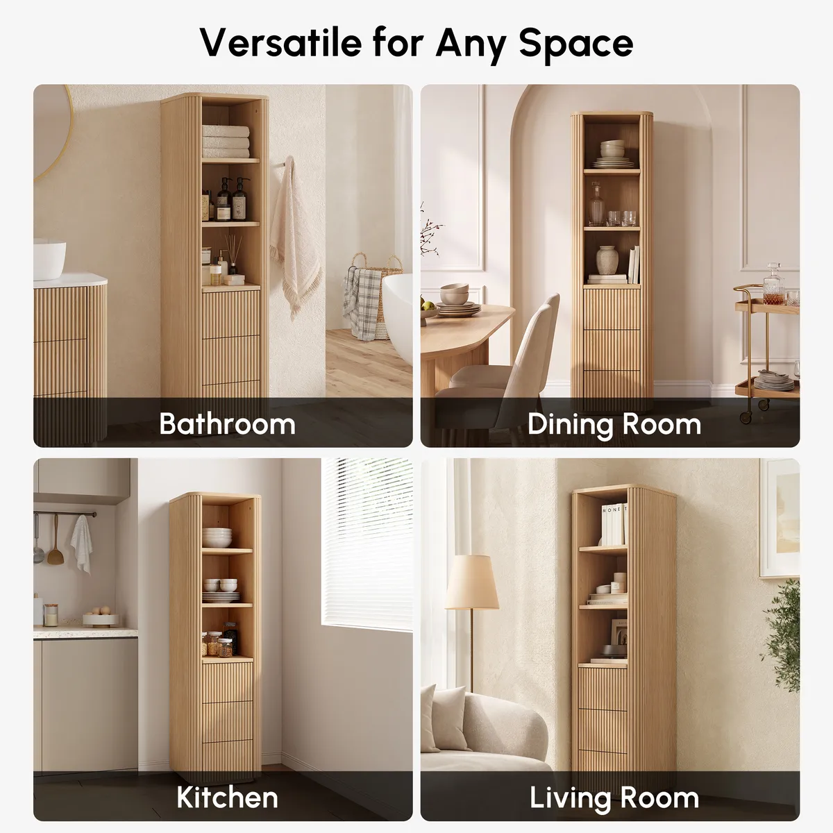 Fluted 58" Bathroom Linen Cabinet with 3 Drawers and Open Shelves — image 8