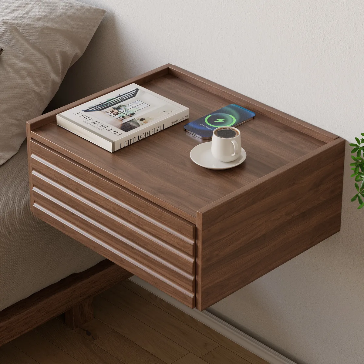 Wooden Floating Nightstand Modern Bedside Table with Charging Station Japanese Style — image 28