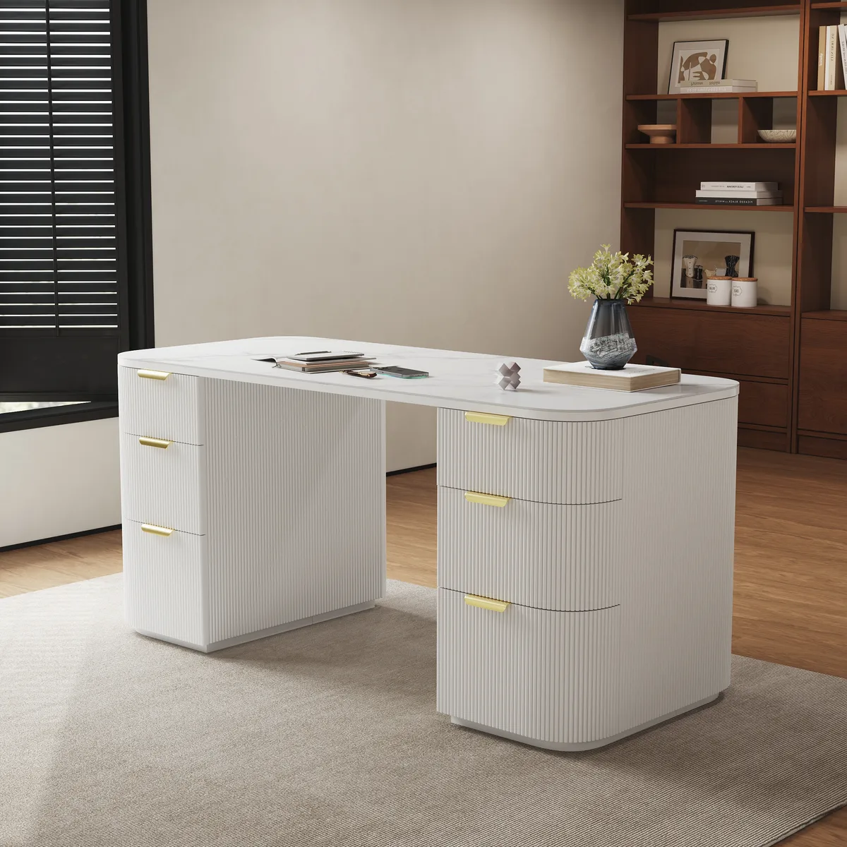 Modern White Ash Wood Rectangle Desk & Reclining Leather Office (63.8") — image 23