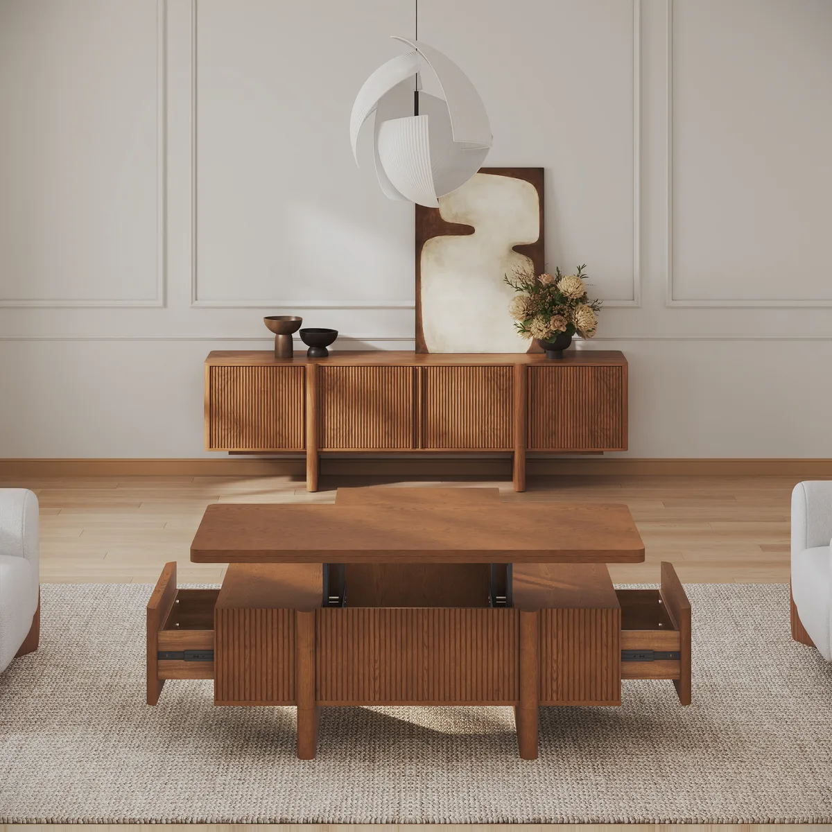 47" Fluted Lift-Top Walnut Coffee Table with 2 Drawers — image 6
