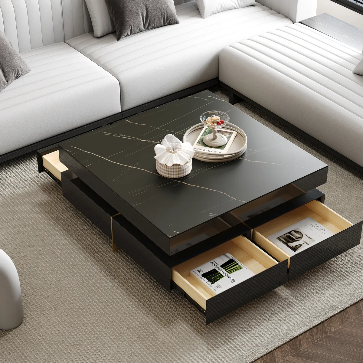 Black Modern Square Coffee Table with Drawers — image 2