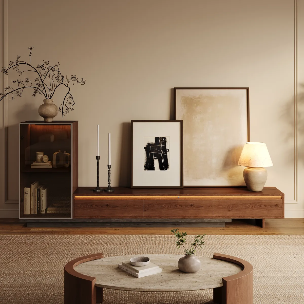 Fero Retracted & Extendable 3 Drawers TV Stand with Bookcase & LED Lighting in Walnut & Gray Up — image 4