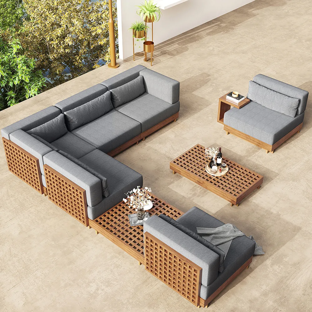Grida 9-Piece Teak Luxury Modular L-Shaped Outdoor Patio Sectional Sofa Set in Gray with Coffee Table and Cushions — image 12